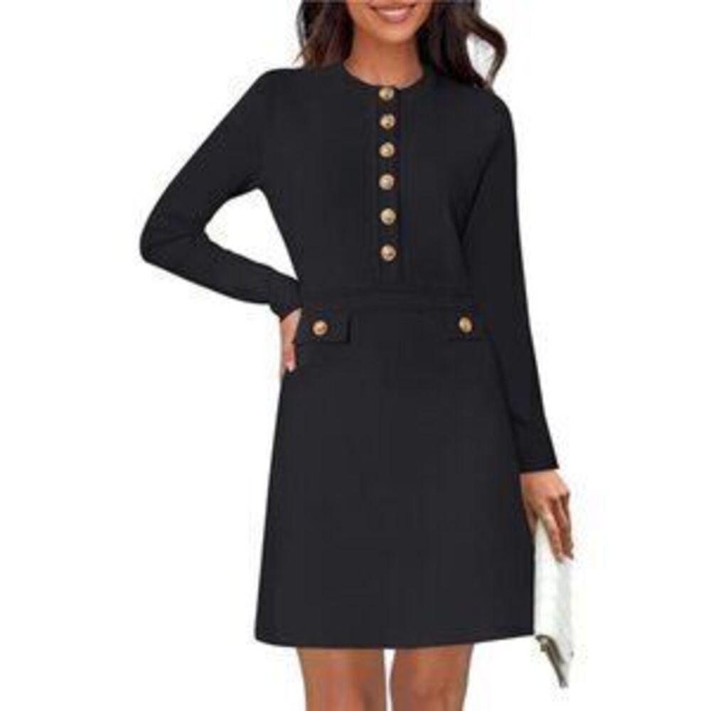Women's Crew Neck Bodycon Sweater Dress Long Sleeve Button Mini Dress